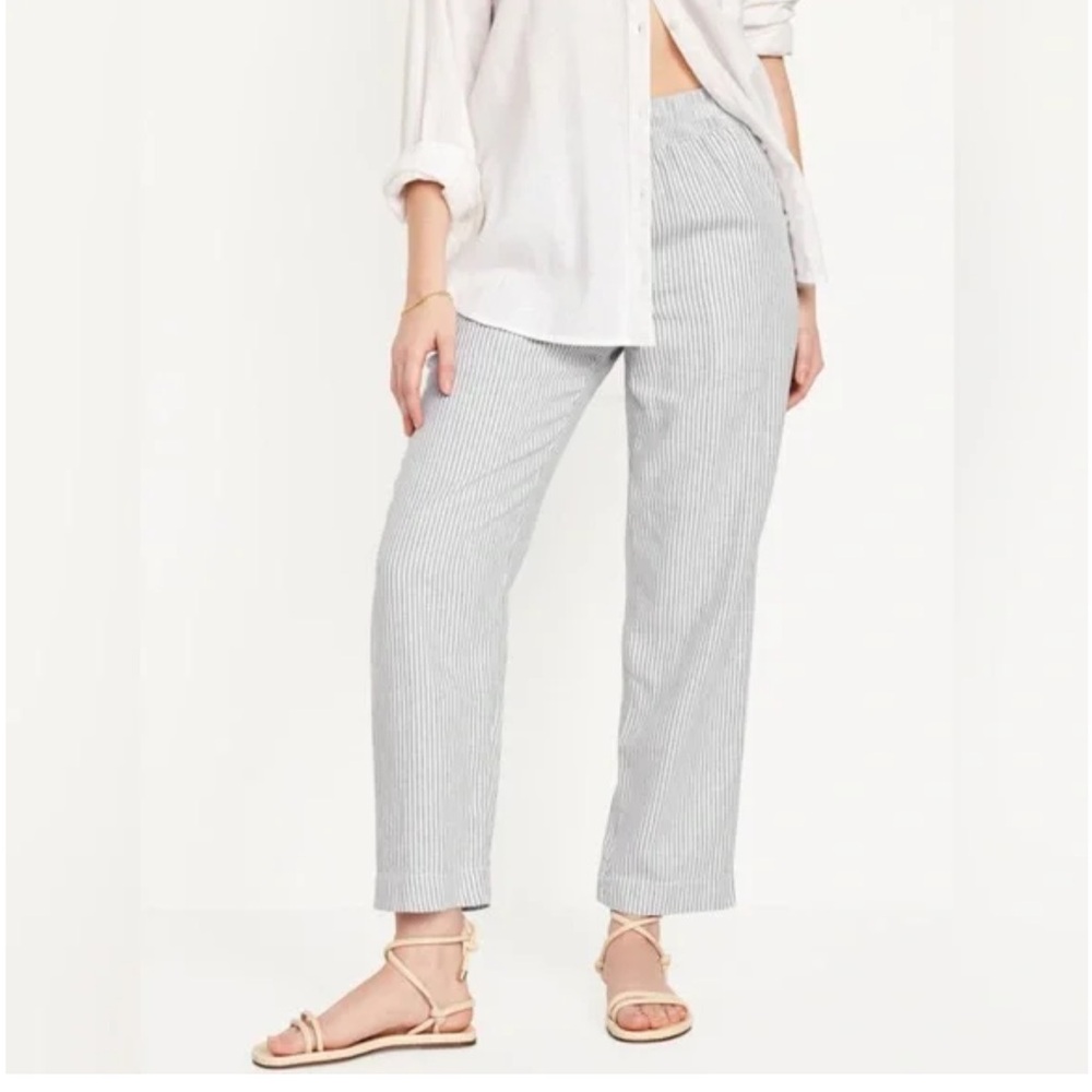 NWT Old Navy Womens Striped Gray Linen Ankle Pants Straight Leg Size L.